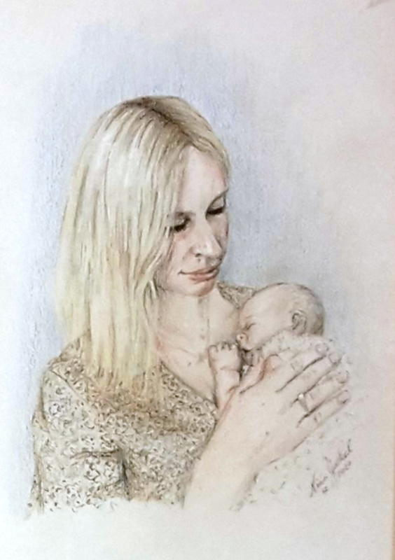 buntstift pastellkreide portrait mutter mit baby auftrag